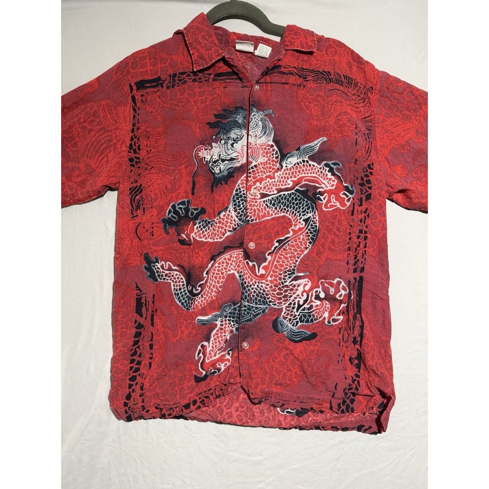 VTG utility brand red button up shirt dragon y2k style,‎ men's medium #1549